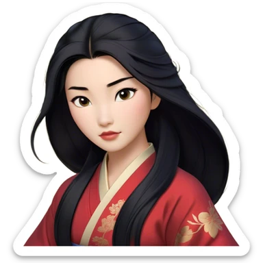 Cinematic Realistic Mulan Portrait, depicted with lifelike skin texture, soft natural lighting, and intricately detailed long black hair styled elegantly. Her deep, expressive eyes exude determination and grace, complemented by a serene yet confident expression. She is dressed in her classic attire, with rich fabric textures and delicate folds that catch the light beautifully. The portrait features a soft, enchanting glow with a natural, radiant finish, capturing the essence of timeless strength and beauty in a realistic and painterly style, evoking a sense of depth and authenticity. sticker