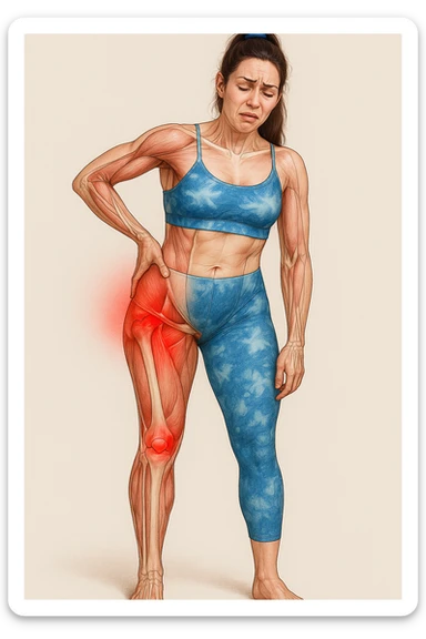 Realistic anatomical illustration of a woman in sportswear inspired by the reference photo, showing pain in the left hip with highlighted muscles and joints involved, hand on the painful area, pained expression, neutral background. sticker