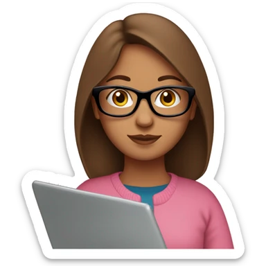Girl with straight brown hair and black glasses frame and in pink sweater working behind laptop sticker
