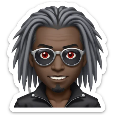 Black Vampire wearing sunglasses, shoulder length black and grey dreadlock hair comb over to one side. sticker