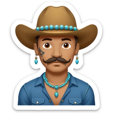 mustached cowboys with tattoos on face and bead sticker
