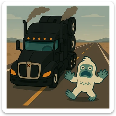 Place the small yeti (abominable snowman) on a long highway in front of the modern black Kenworth W680 flat top semi sleeper, top-down animated style, no text, make the road much longer. sticker