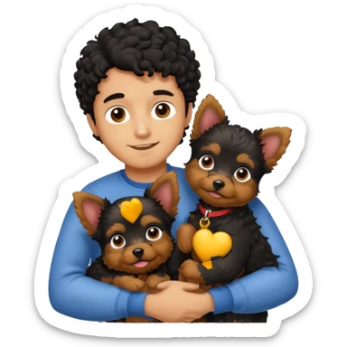 Young man with little brown skin, black curly hair, cheerful dark brown eyes, hugging two Yorkie dogs golden sticker