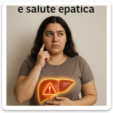 realistic illustration of a woman with PCOS, liver area highlighted with glowing halo and alarm symbol, thoughtful expression, neutral background, Italian text: 'PCOS e salute epatica', 4K quality sticker