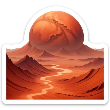 🔥 Cinematic Realistic Mars – A striking, high-resolution image of the Red Planet, featuring its iconic rust-colored terrain, deep canyons, and towering volcanoes. Swirling dust storms can be seen in the thin Martian atmosphere, with sunlight casting long shadows over its desolate, rocky landscape. sticker