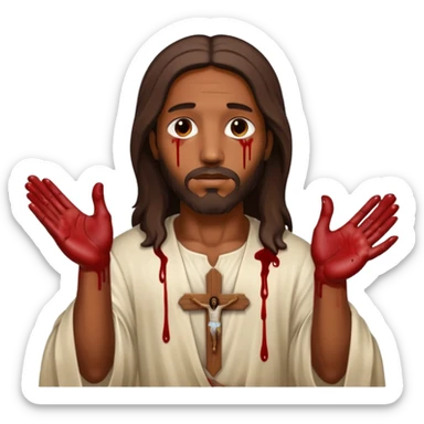 African American Jesus Christ with nail holes in his hands with blood sticker