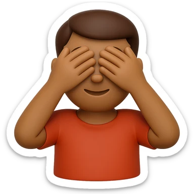 Create a 3D emoji style image of a man closing his eyes, matching the pose, color, shirt, and position of the reference image. The style should resemble Microsoft style 3D fluent emojis with a transparent background. sticker