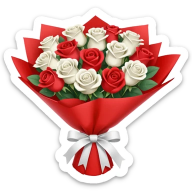 bouquet of red and white roses wrapped in red paper sticker
