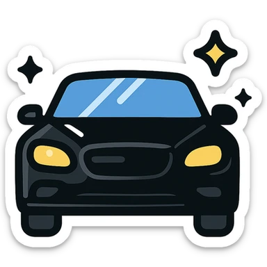 full body high-end luxury car icon, glossy black with multiple small sparkling stars and strong mirror-like reflections, impeccable perfectly clean finish, modern and clean style sticker