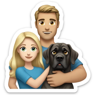 Brunette blue eyed man and blonde blue eyed girl hugging an English mastiff dog sticker