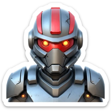 futuristic war robot portrait, head and shoulders only, aggressive design, sharp armor edges, glowing red eyes, battle-damaged helmet faceplate, heavy armor collar, intense dramatic lighting, sci-fi metal textures, 3D cartoon, mobile game icon style, clean background, no text, no watermark
 sticker