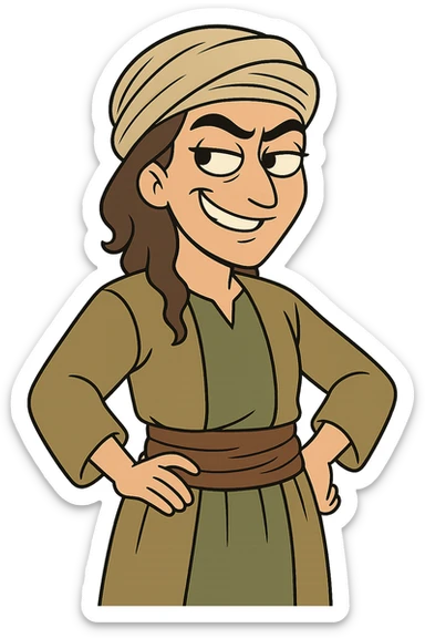 Kurdish man or woman in jamadani, cartoon style, feeling mischievous, sly smile, one eyebrow raised, no text sticker