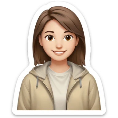 smiling face with soft straight brown hair swept to one side, warm and creative eyes, wearing neutral-toned aesthetic clothing including light oversized jacket and artistic tee, expression conveys positive energy style and originality sticker