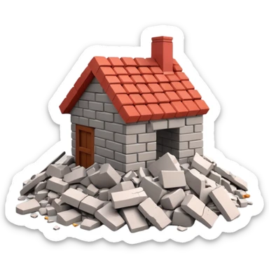 3D iPhone style emoji of a pile of bricks, roof pieces, and wall rubble, scattered and broken, isolated on white background, soft shadows, high detail, playful and cute sticker