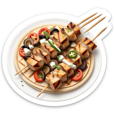 cinematic-realistic-souvlaki-dish-emoji,-showcasing-skewered,-grilled-chicken-with-mediterranean-spices-rendered-with-dynamic-textures-and-warm,-appetizing-lighting on pita bread sticker