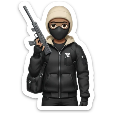 YN wearing a ski mask, holding a gun, all black fit, black jeans, Sprayground bookbag, confident stance sticker