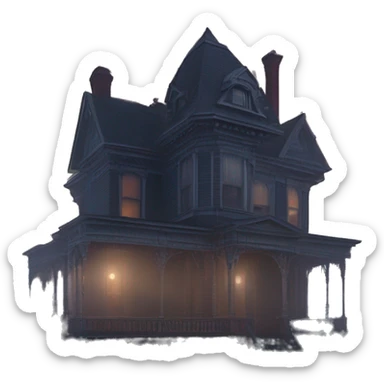 Fantastic Wide view, A very roomy ramshackle Victorian Addams mansion looms through light fog at dusk  sticker