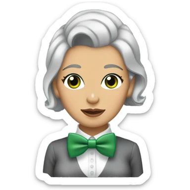 Woman with short slicked back grey hair and green eyes holding a blonde yorkie dog with a bow tie   sticker
