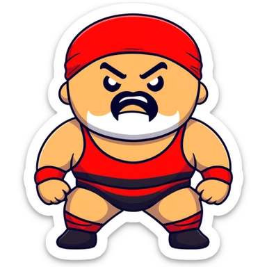 White skin fat guy with prominent black durag, shaved beard stubble, black eyes in a red and black wrestling singlet with angry face sticker
