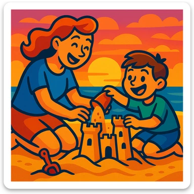 Cartoonish mother and son building a sandcastle together at sunset, playful and joyful sticker