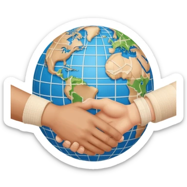instead of two hands holding a globe, we have two hands handshaking in front of a globe. And in the background, we can see that the globe has a bandage or something.  sticker