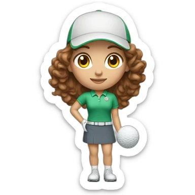 female with brown wavy hair dressed in golfwear holding golf ball sticker