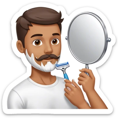 a man standing in front of a mirror, holding a razor, about to shave his beard. his face shows focus and precision, with shaving cream applied along his jawline. the setting is a clean, modern bathroom with good lighting sticker