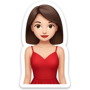 Cartoon emoji of a young brunette woman with fair-medium skin, brown eyes, wearing a red outfit. Full-height, standing confidently in a red dress  posing sexy with a smile and relaxed posture. Smooth, friendly, stylized, make up on, flirty eyes and smile in a sexy position  sticker