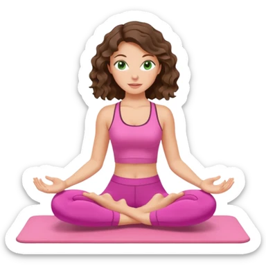 White, green-eyed, brunette cute feminine lady emoji with wavy hair doing pilates wearing pink pilates fit sticker