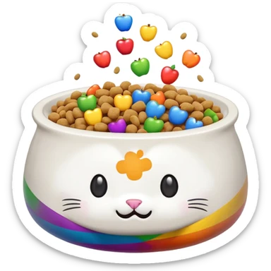 cute overflowing cat food bowl with food mound on top, white kibble mixed with rainbow pieces, apple emoji style sticker