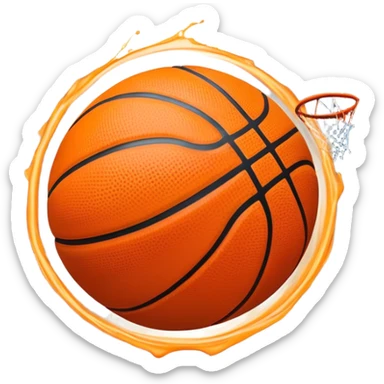 Cinematic Realistic image of a basketball captured in dynamic motion, with detailed surface textures and a slight motion blur, set against a vibrant urban backdrop with energetic lighting sticker