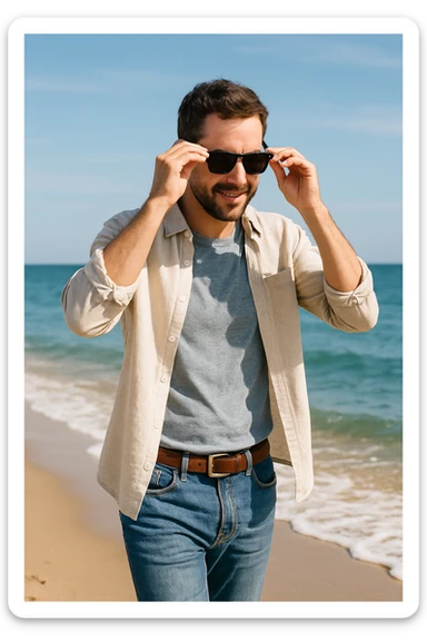 uomo passeggia a mare e si mette gli occhiali da sole sticker