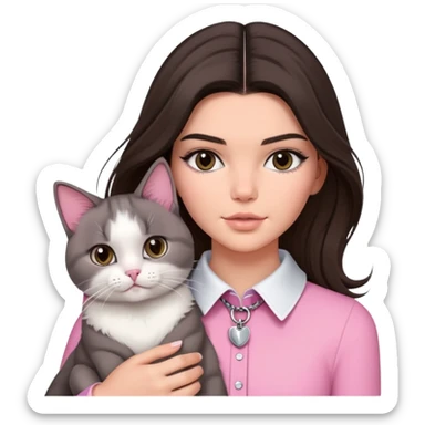 brunette Kendall Jenner with long hair holding on the hands a grey white cat  in pink collar sticker