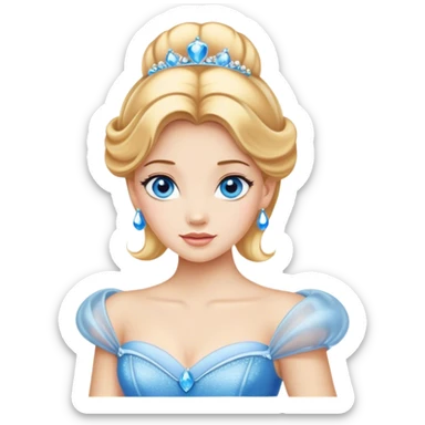 Cinematic Realistic Comical Cinderella Portrait, with every detail rendered realistically—from the soft, smooth texture of her fair skin to her artfully styled golden-blonde hair. Her bright blue eyes are wide with playful disbelief, and her expression carries a touch of whimsical humor while retaining elegant poise. Her classic ball gown, detailed with rich fabric textures and natural shadows, catches the light in a way that blends refined beauty with a hint of cheeky mischief, creating a striking, lifelike portrayal. sticker
