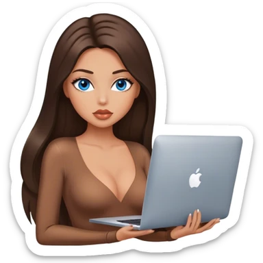Glamours tanned very beautiful girl with big pump peach lips and dark chocolate straight smooth silky long hair, blue eyes in brown/beige bodysuit with MacBook sticker