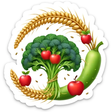 Golden wheat stalks, green leafy vegetables, bright apples, berries, broccoli, and tiny seeds surrounding a glowing spiral digestive system. Light sparkles flow through the intestines showing fiber's cleansing effect. sticker