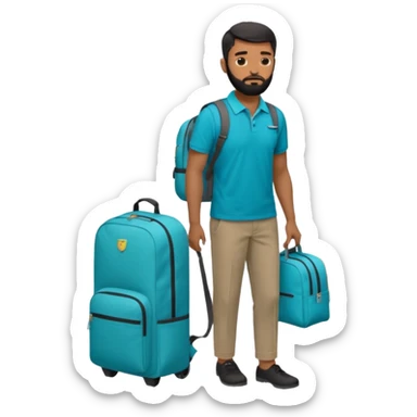 man with black short male hair and black hair and beard and hes in a office with his grey backpack on the floor and he has a tourquose polo shrit with gre dress pants and hes working at a hotel sticker