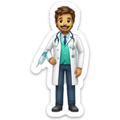 A doctor in a white coat and a syringe sticker