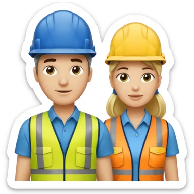 Um homem e uma mulher amarelos com capacete de obras ambos azul escuro e camisa social cinza com faixas refletivas verdes nos braços, Um deles deve estar segurando um megafone sticker