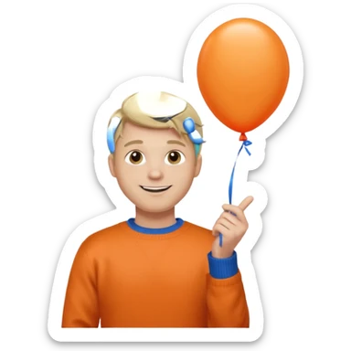 white skin, blonde hair man, orange sweater, hold blue balloon sticker