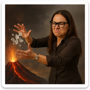 Make the volcano much closer to the woman so it is in the foreground of the scene. Keep the woman hyperrealistic similar to the reference photo, while she throws ice onto the volcano full of lava without any effect. The woman's expression should show frustration or effort. The scene is symbolic with detailed careful rendering. Maintain the hyperrealistic style of the woman as in the reference image. sticker
