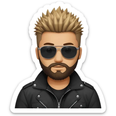 biker gang with black sunglass and rugged and bulky guy bearded spicks hair black jacket sticker