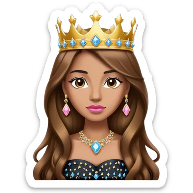 Queen, brown long hair, golden crown encrusted with pink and blue diamonds, black dress sticker