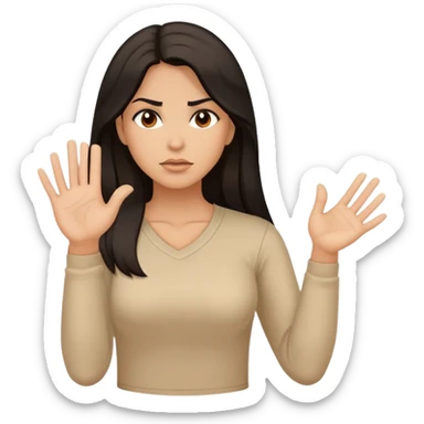 Hispanic woman with long hair, beige top, determined, one hand out motioning to stop sticker