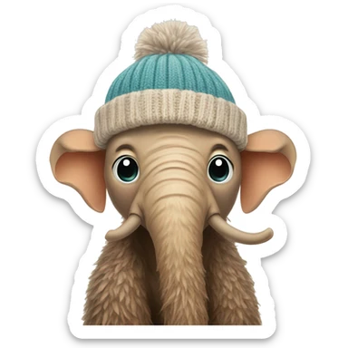 a baby mammoth in a small knitted hat and a narrow knitted scarf sticker