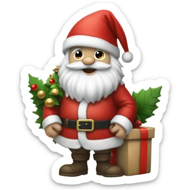Gnome dressed like santa claus, next to a Cristmass tree and presents  sticker