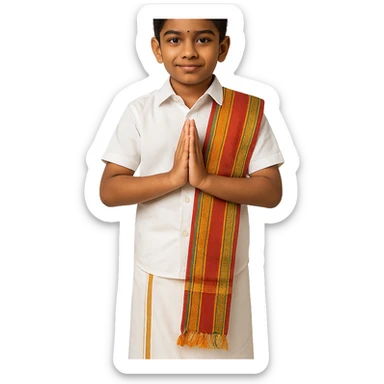 A young Tamil boy in cultural dress: white dhoti, short-sleeved shirt, and a colorful angavastram, standing with hands together in a respectful greeting (namaste). sticker