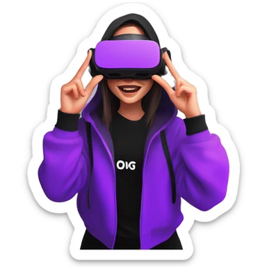 Russian girl wearing black hoody with violet letters "OMG", in vr headset oculus quest2. Dancing. Cyberpunk style. Violet neon. sticker