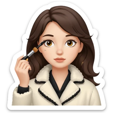 Garota branca de cabelos levemente ondulados castanhos escuros médio aplicando máscara de cílios, ela veste casaco off white estilo cozy sticker