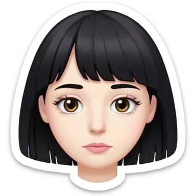 Cabelos até abaixo do  ombro  com franja na sombancelha e pretos , olhos bem pouco caidos e pretos , pele branca como a neve,  , bastante cilios e boca rosada claro sticker